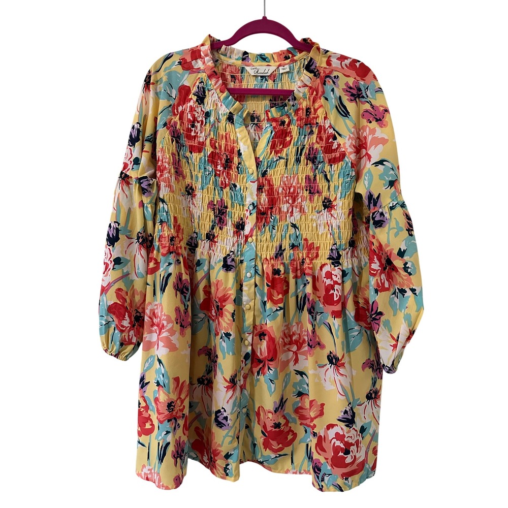 Caffe Marrakesh Yellow Floral Smocked Button Front Balloon Sleeve Blouse XL